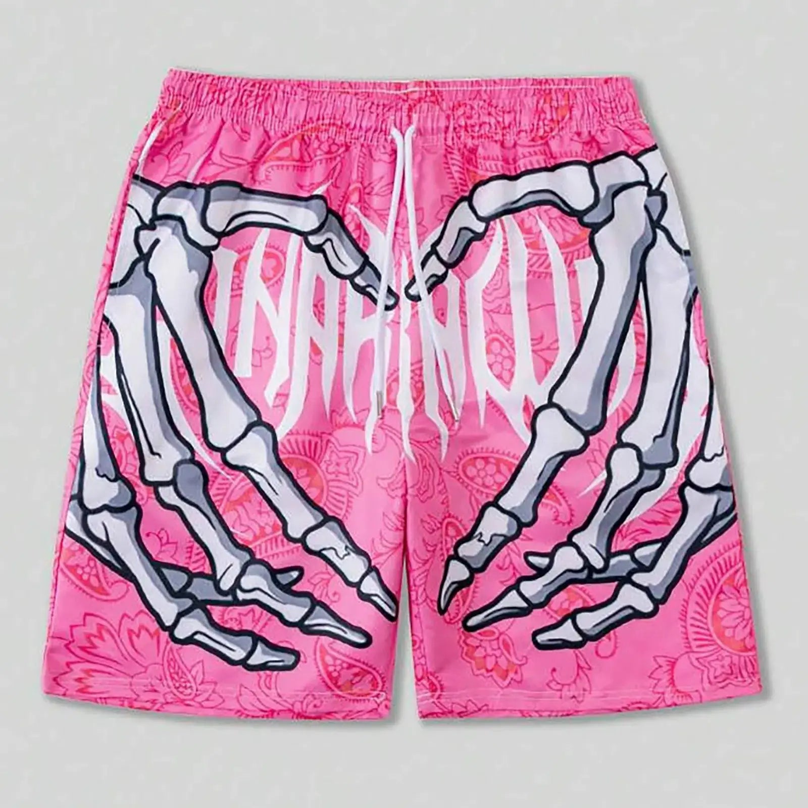 Simples Market men's pink elastic-waist swim shorts with white drawstring and bold skeleton print
