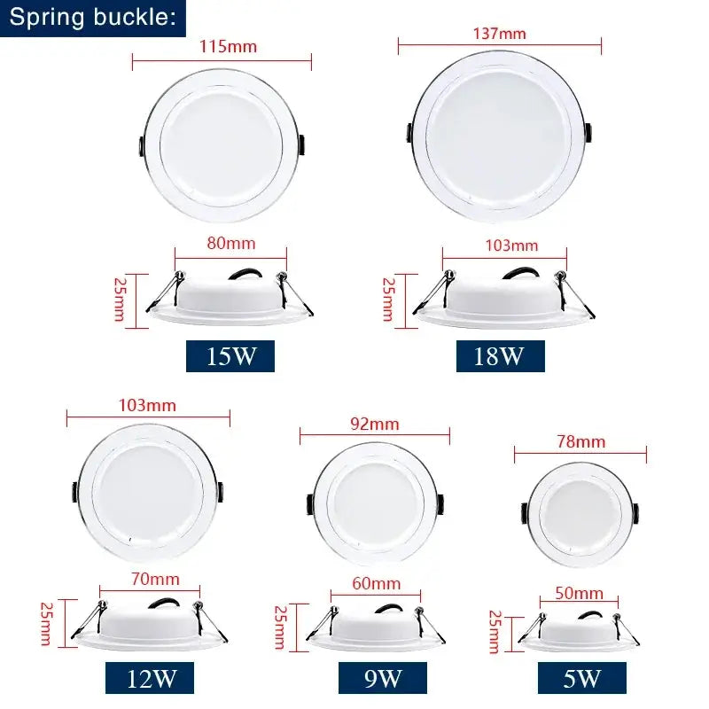 Simples Market five white round LED recessed downlights (5W, 9W, 12W, 15W, 18W) for home decor.