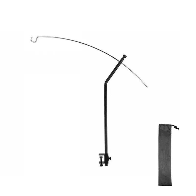 TARKA lantern stand with adjustable arm, ultralight black metal, clamps to tabletop; includes carry bag.