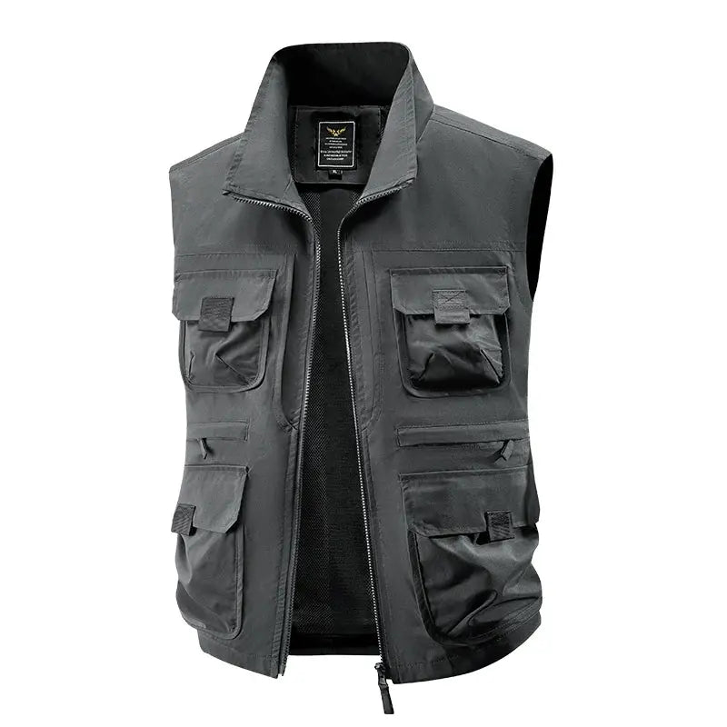 Simples Market men's large size gray outdoor multi-pocket vest with vertical collar and cargo pockets
