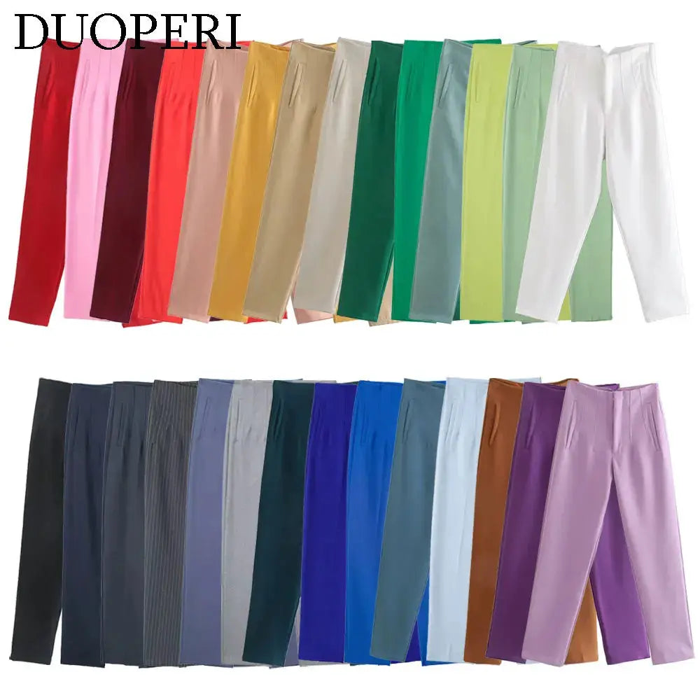 Duoperi Women High Waist Trousers Solid Color Premium Polyester Blend for Comfort and Flattering Fit