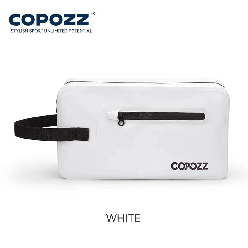 COPOZZ white gym bag with black shoulder strap and front zip pocket