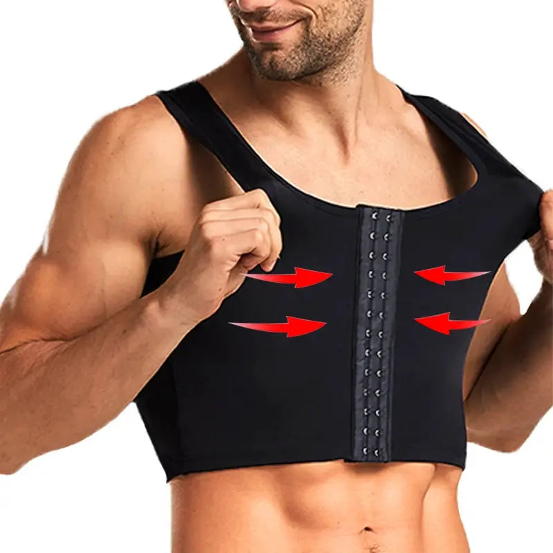 Men's black compression shapewear vest with front hook closure for chest and abdomen shaping