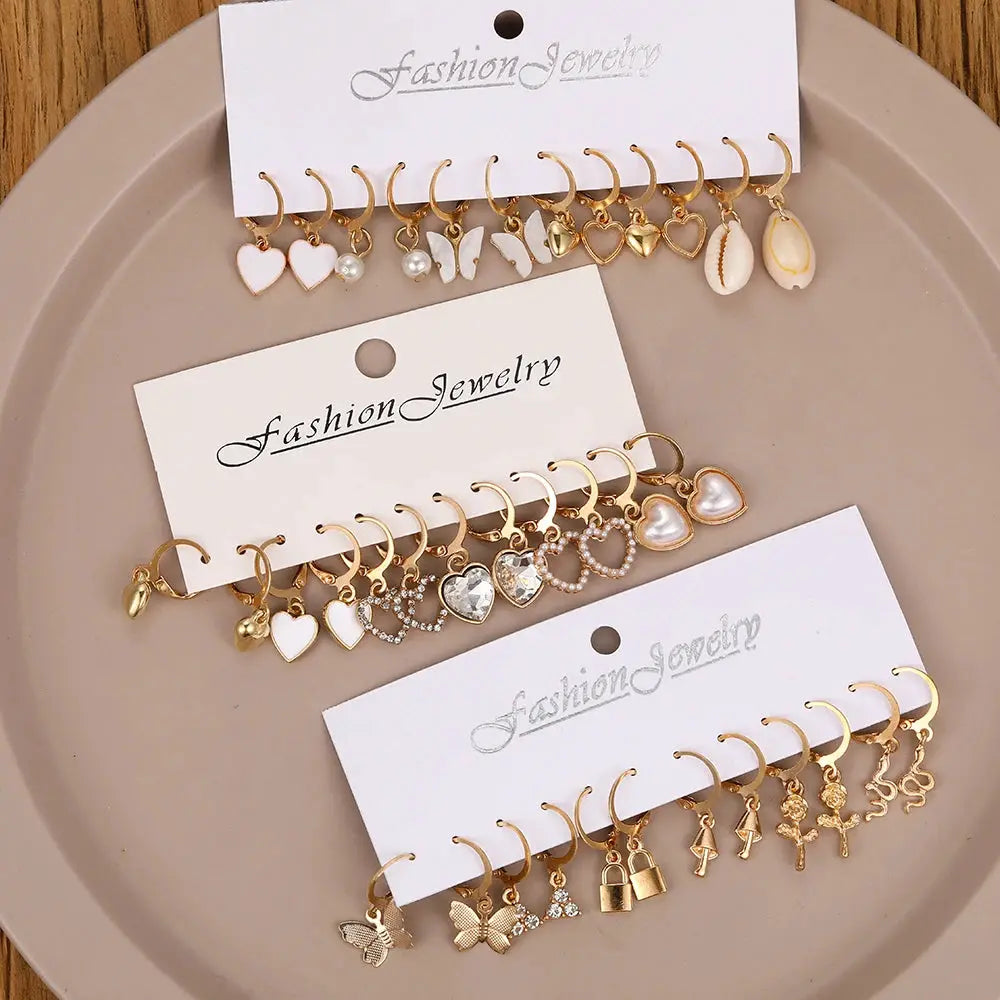 18 Pairs Women Earrings Featuring Snake Butterfly Mushroom Lock Diamond Encrusted Zircon Pearl Love Earrings Collection