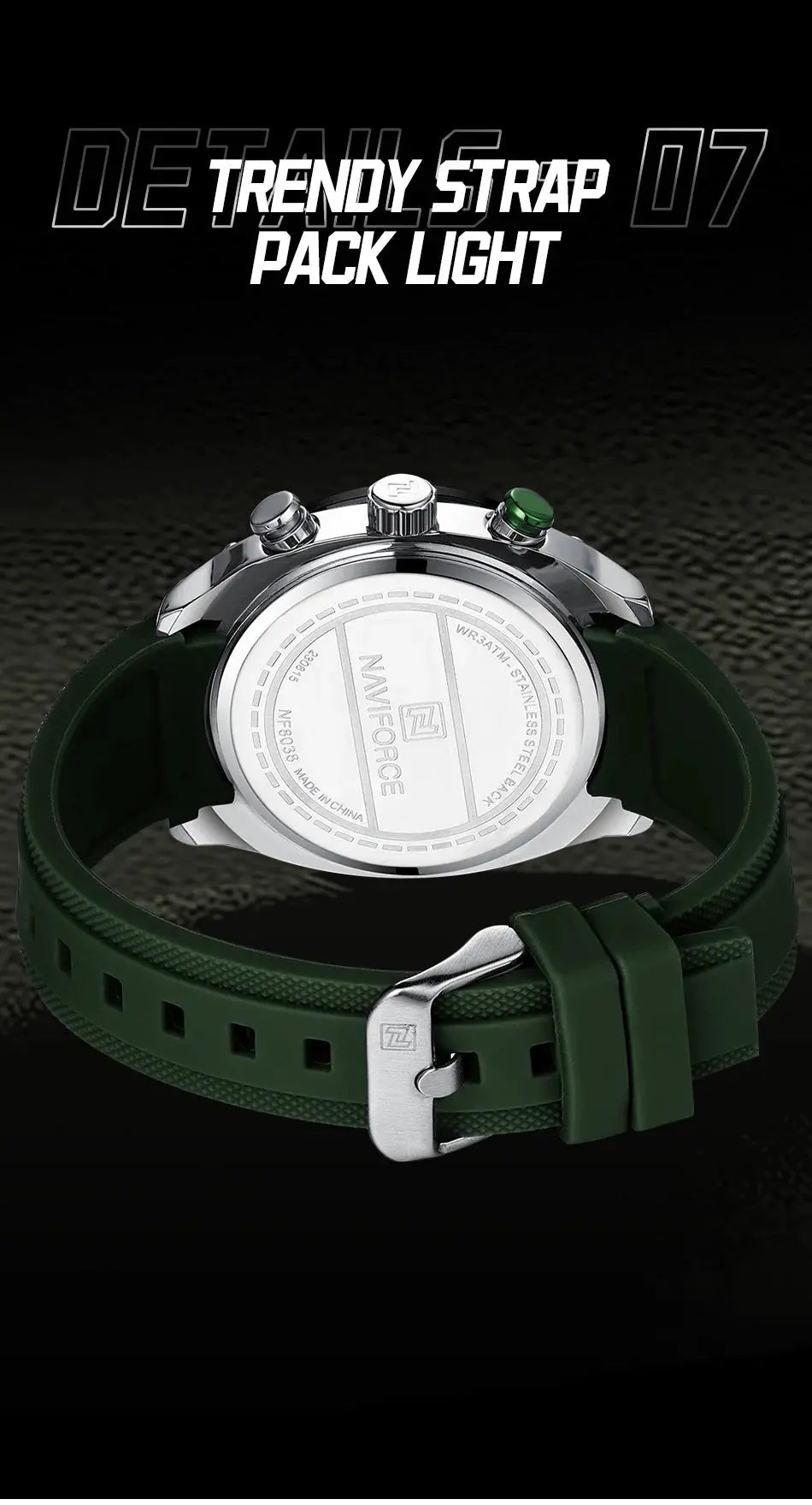 NAVIFORCE men's sport waterproof quartz chronograph watch with green rubber strap and stainless steel case