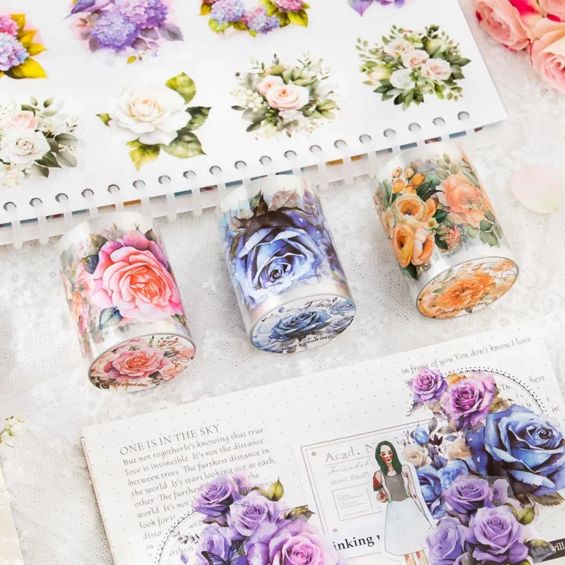 Mr.paper PET Washi Tape Flower Garden Series decorative tape set; three floral rolls by Simples Market in pink, blue, and orange.