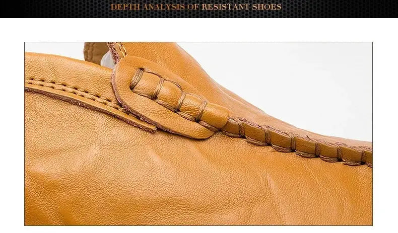 Men's tan genuine leather loafers with moccasin stitching and strap detail