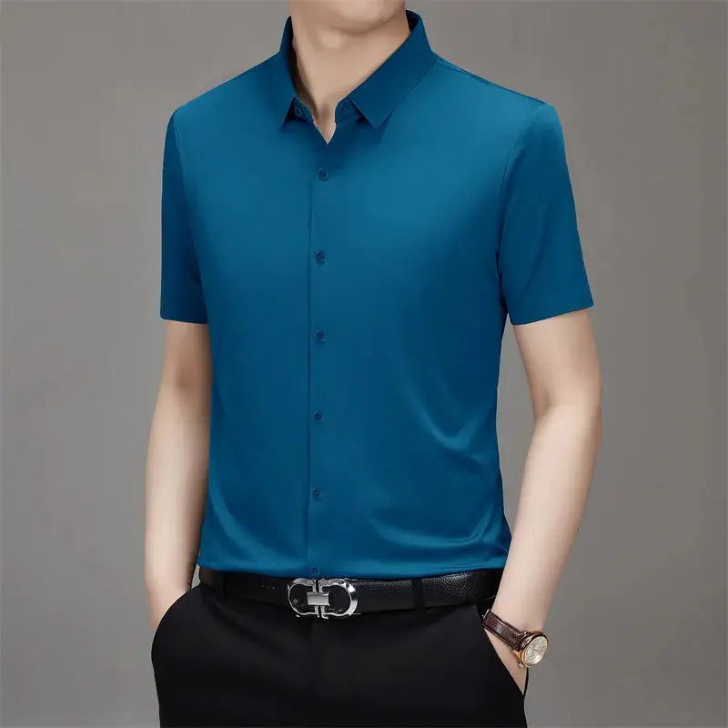 Men's business casual short-sleeve shirt in teal blue, solid color