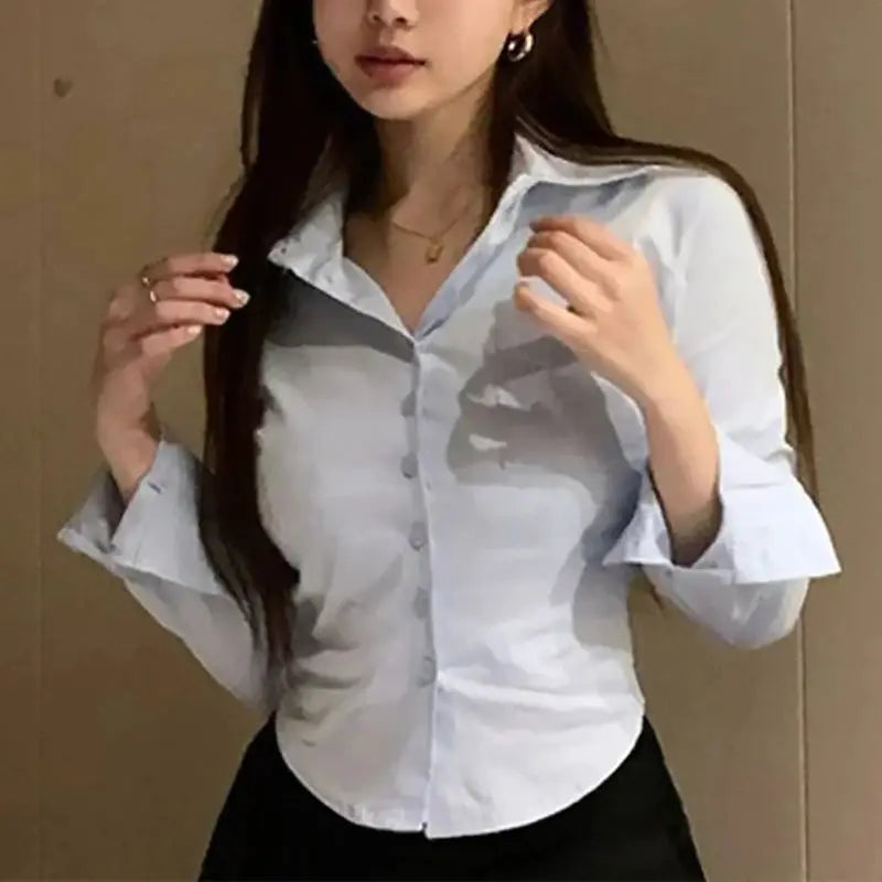 Simples Market Korean white office chiffon shirt for women with pocket, button-front and long sleeves