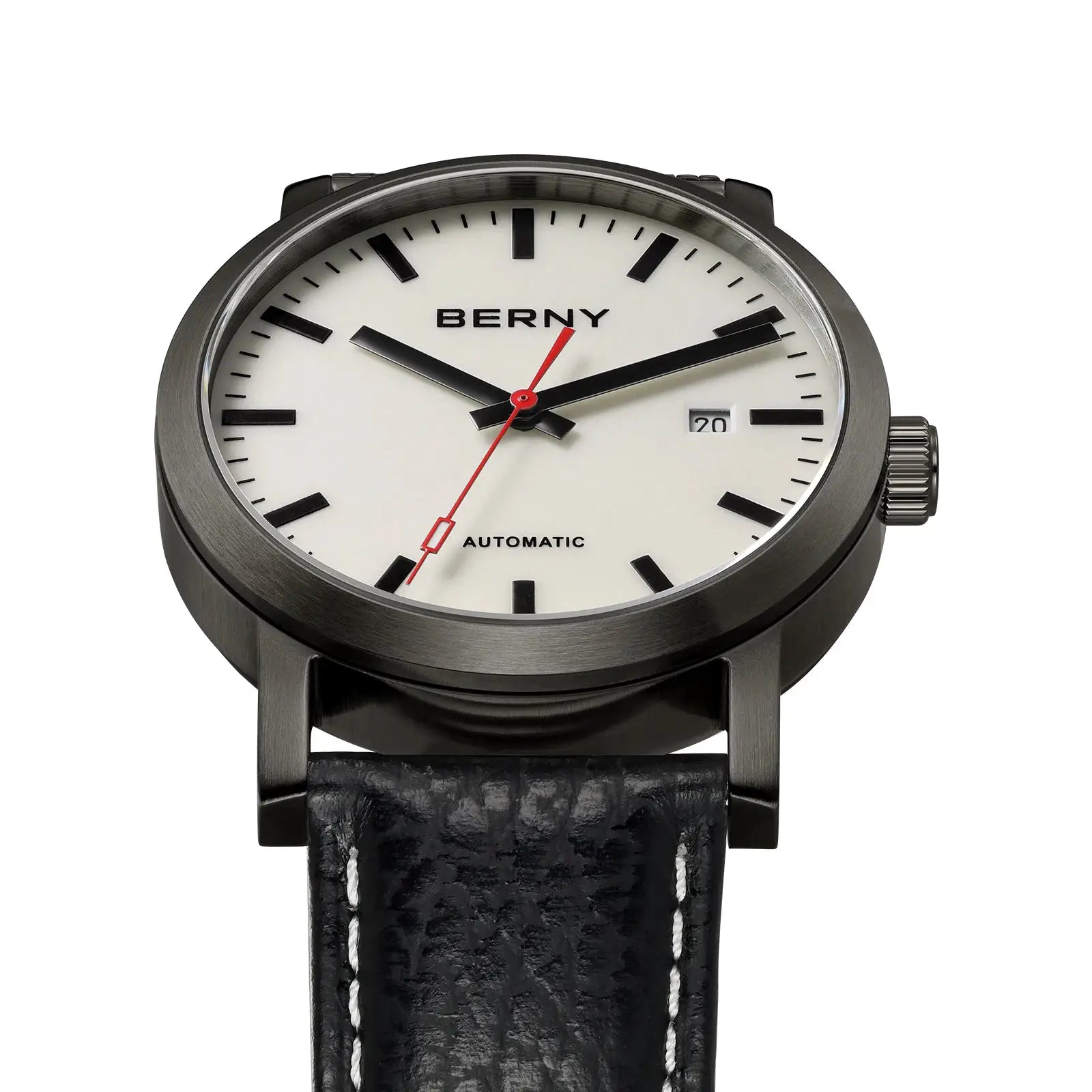 BERNY men's automatic wristwatch with white dial, black indices, red second hand, black leather strap