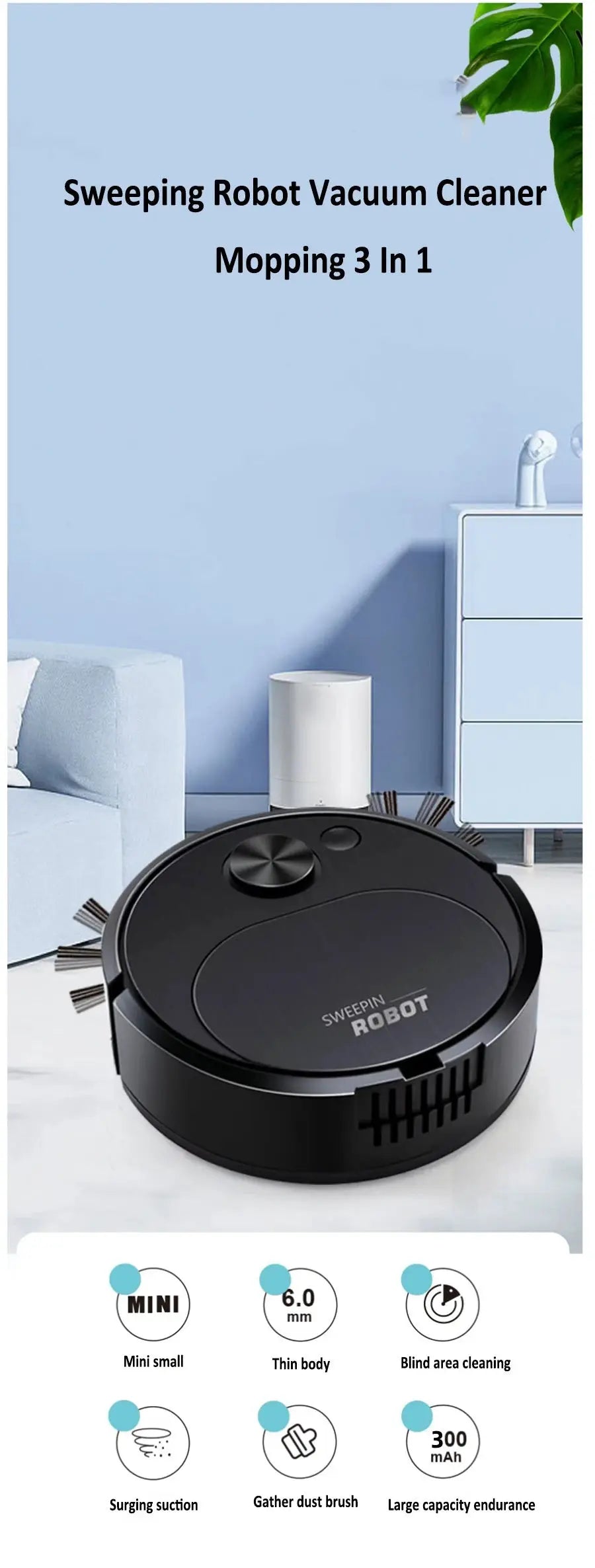 Robot vacuum cleaner, black, 3-in-1 mopping and sweeping with side brushes.