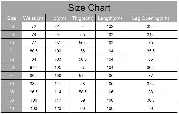 Simples Market men's elastic waist dress pants size chart: waist, hip, thigh, length, leg opening, sizes 28–40