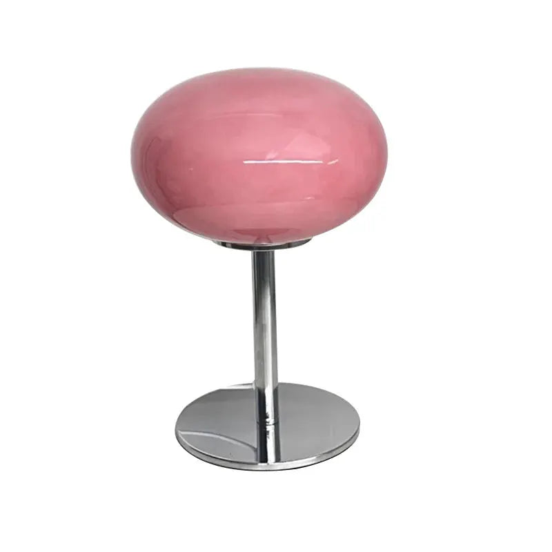 Macaron glass table lamp with pink shade on chrome stand by Simples Market