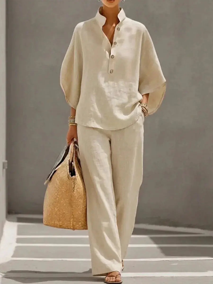 Cotton Linen Pant Set Women Stand Collar Button Top Wide Leg Trousers