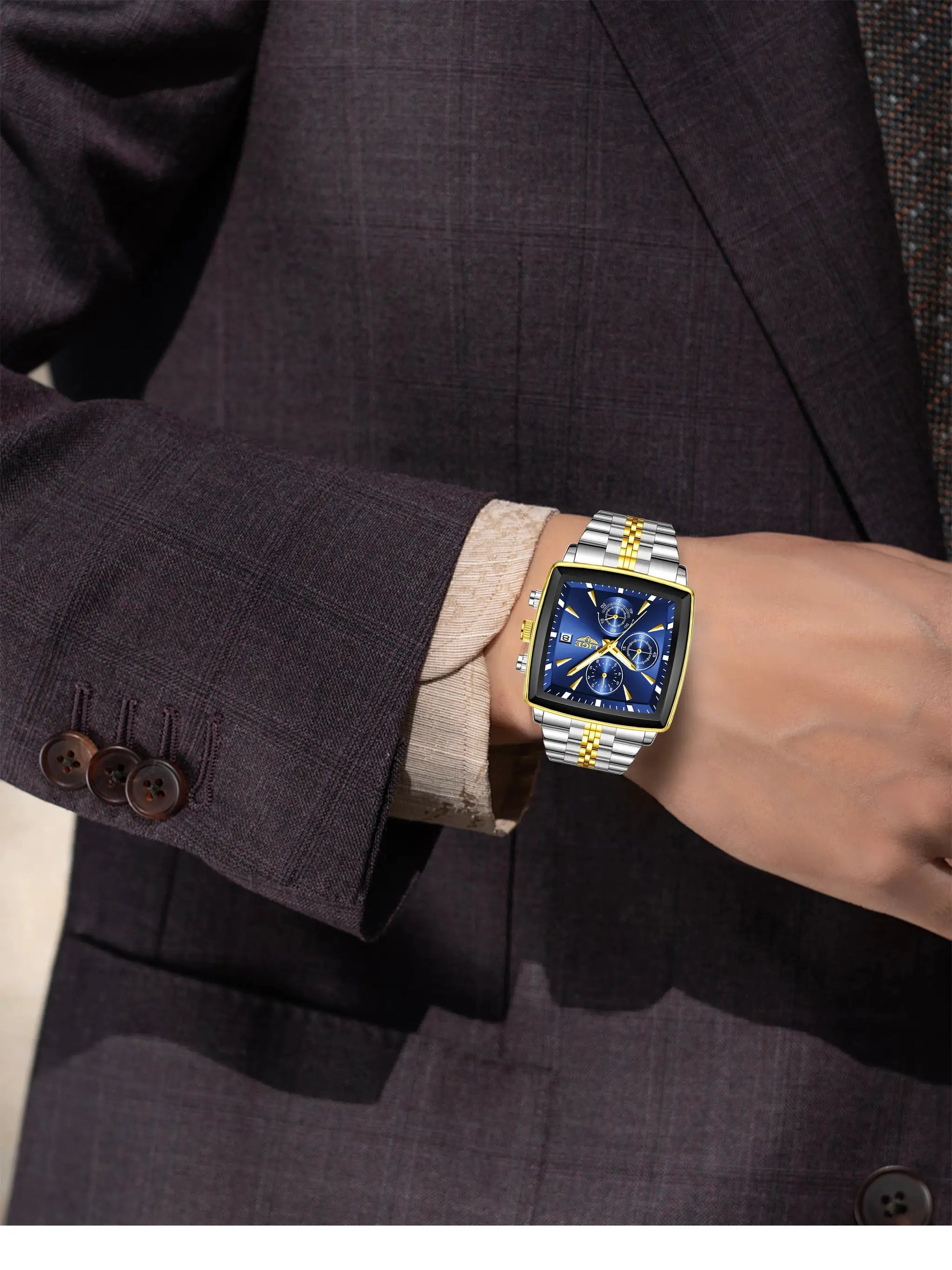 LIGE men's luxury square-dial stainless steel watch with blue face and gold-silver bracelet