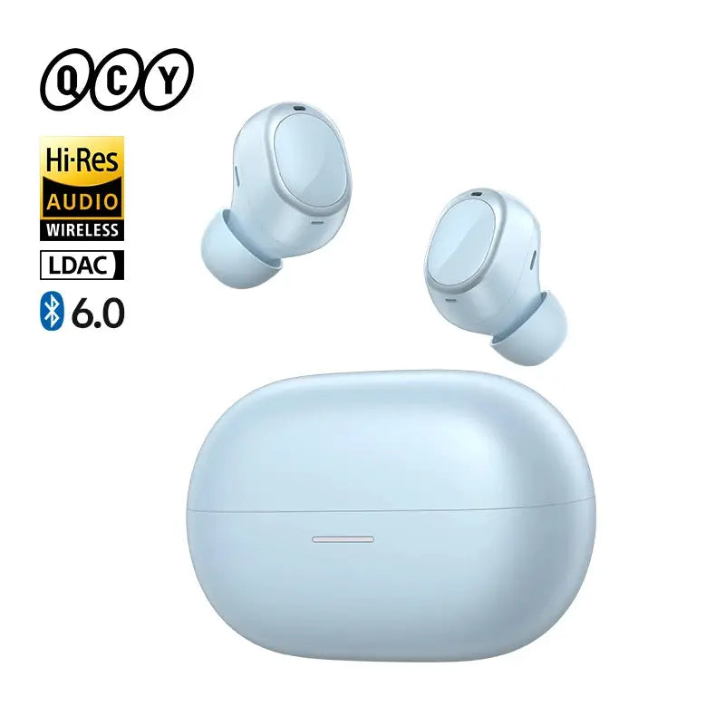 QCY MeloBuds A30 wireless earbuds in light blue with charging case, LDAC Hi-Res audio, Bluetooth 6.0
