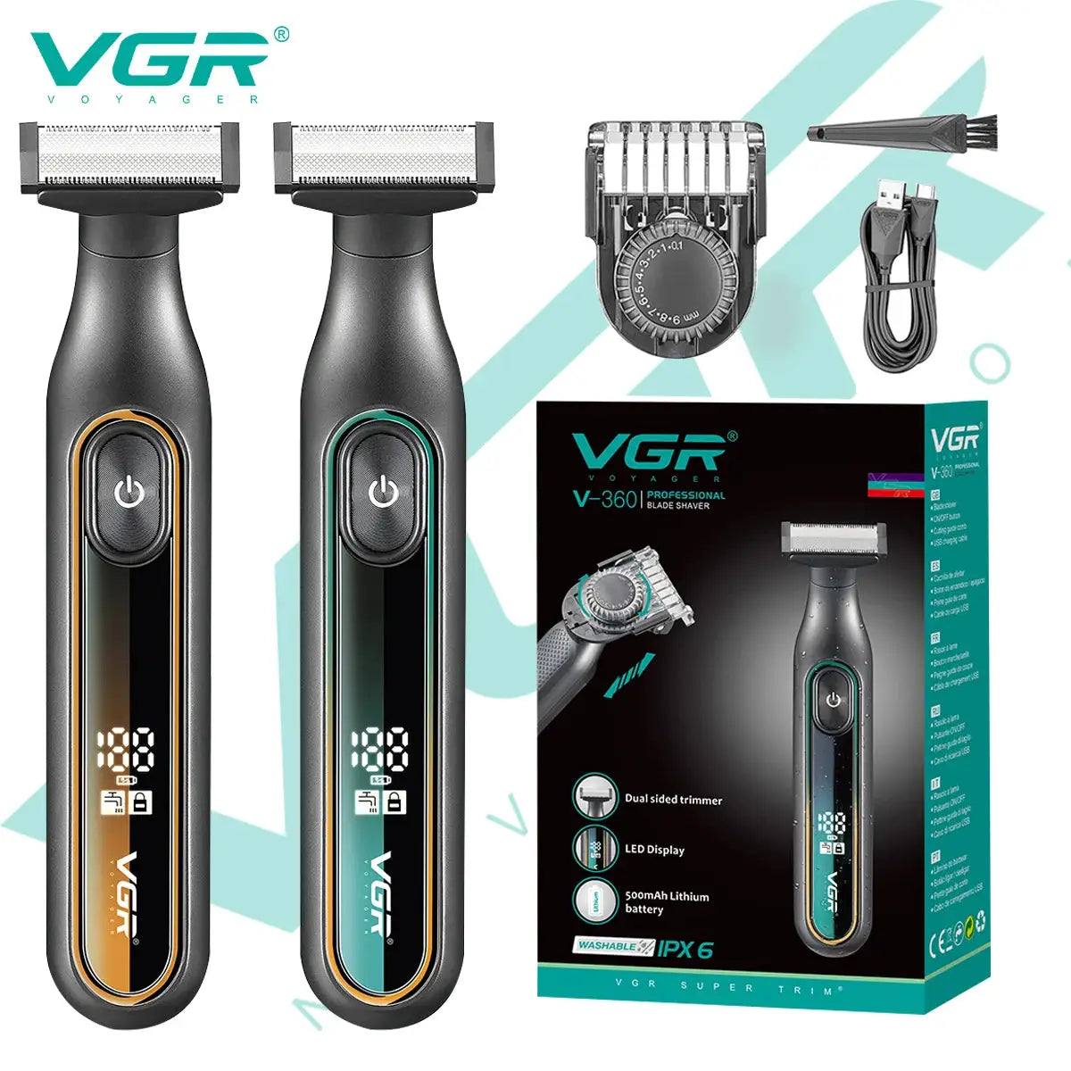 VGR 360 hair trimmer 2-pack by Simples Market; black handheld clippers with gold and teal accents, USB cable and box.