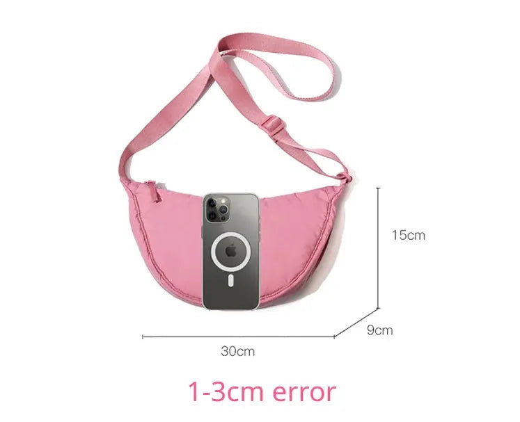 Pink nylon padded crossbody bag with adjustable strap, 30x15x9 cm