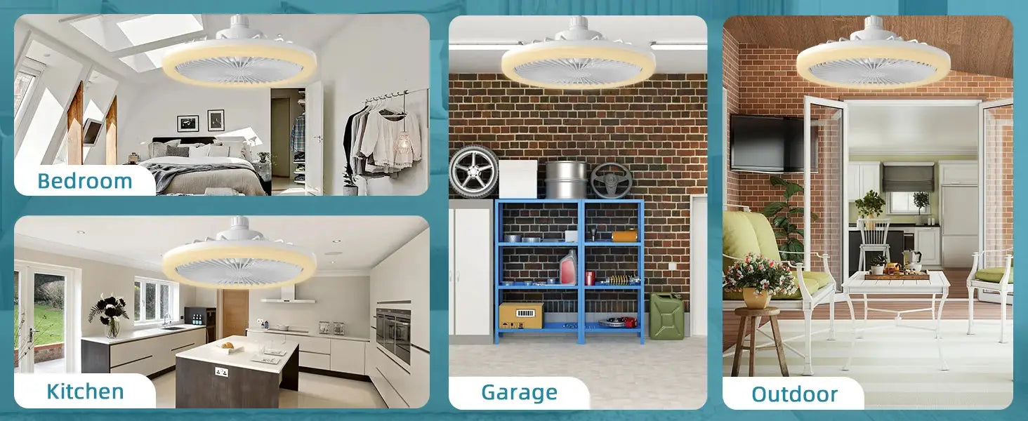 IRALAN ceiling fan with LED light and remote by Simples Market shown in four settings bedroom, kitchen, garage, outdoor.