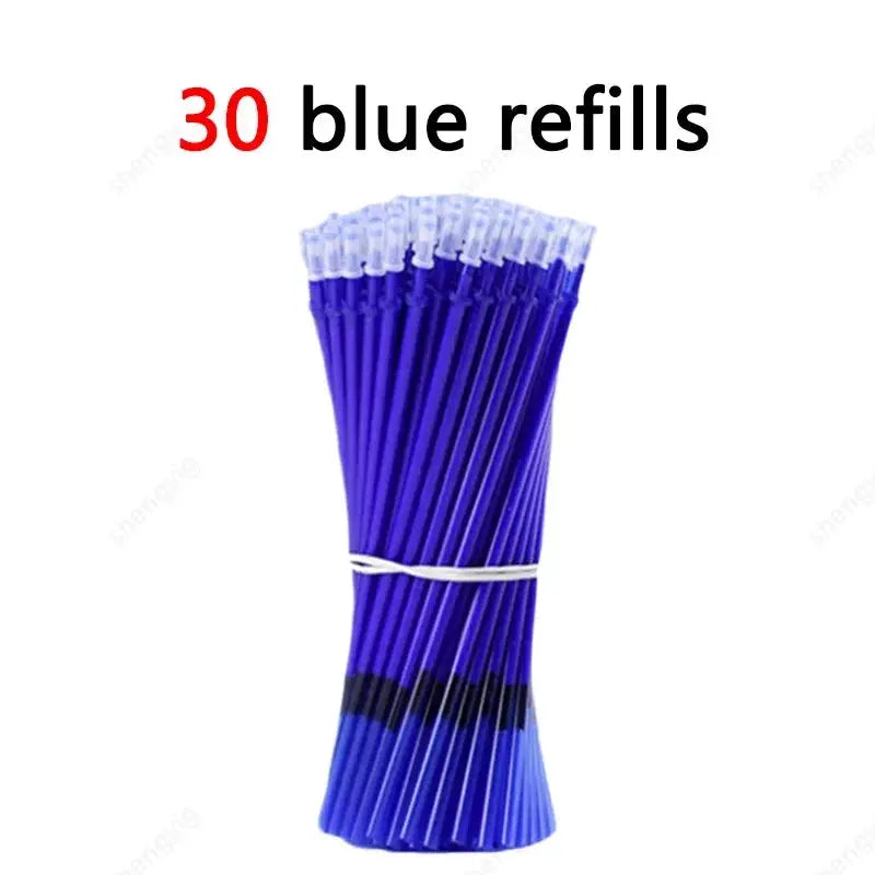 Bundle of 30 blue gel pens with white caps tied with a band