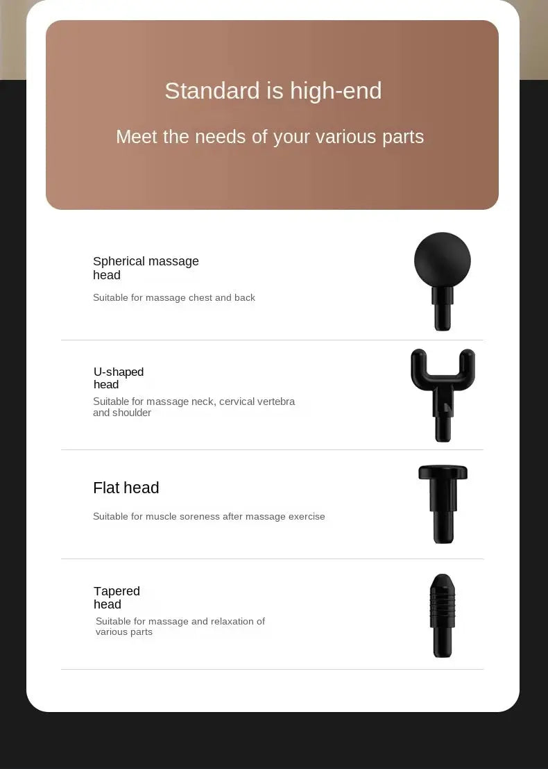 Simples Market long-handle electric massage gun with four heads: spherical, U-shaped, flat, tapered.