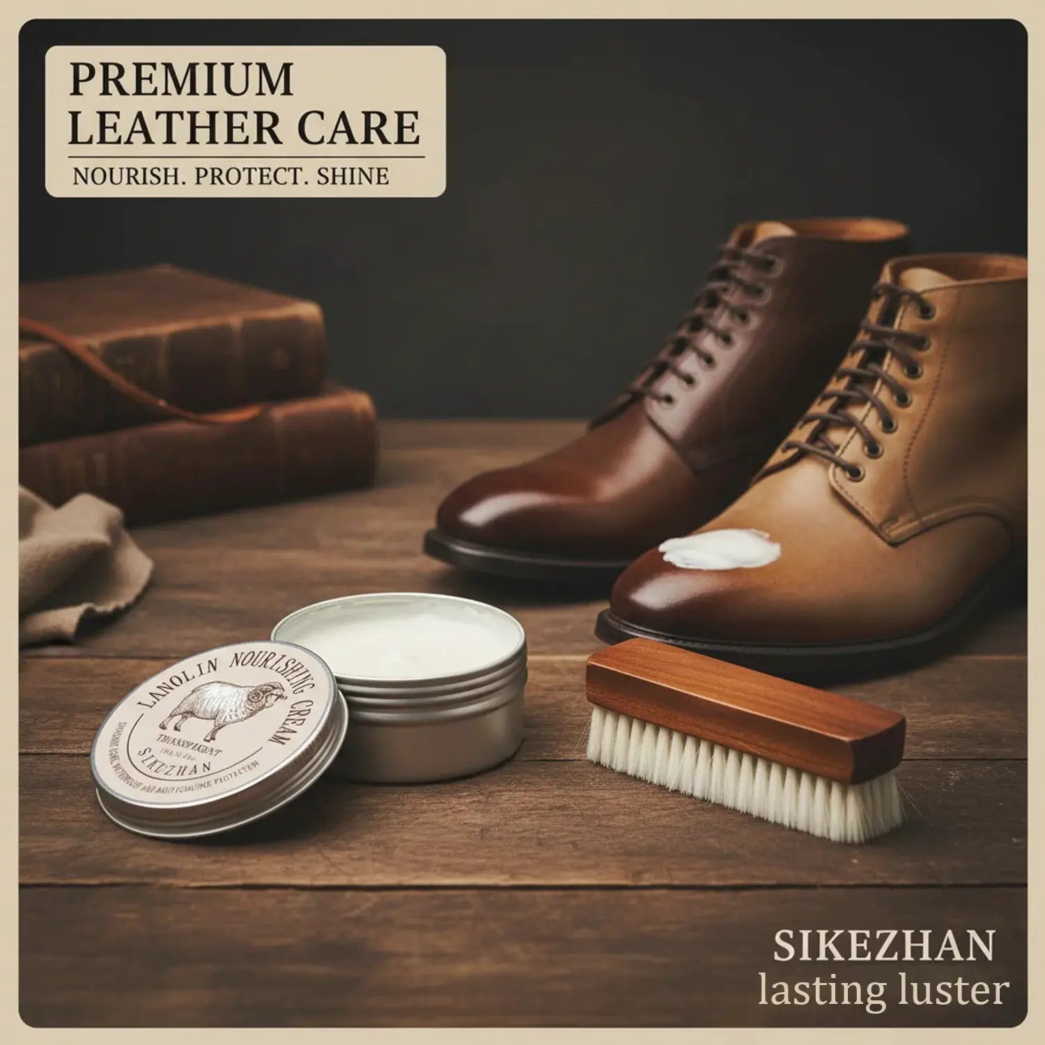 Sheep oil leather conditioner and wax kit with soft wool brush for leather care; brown leather shoes and lanolin cream.