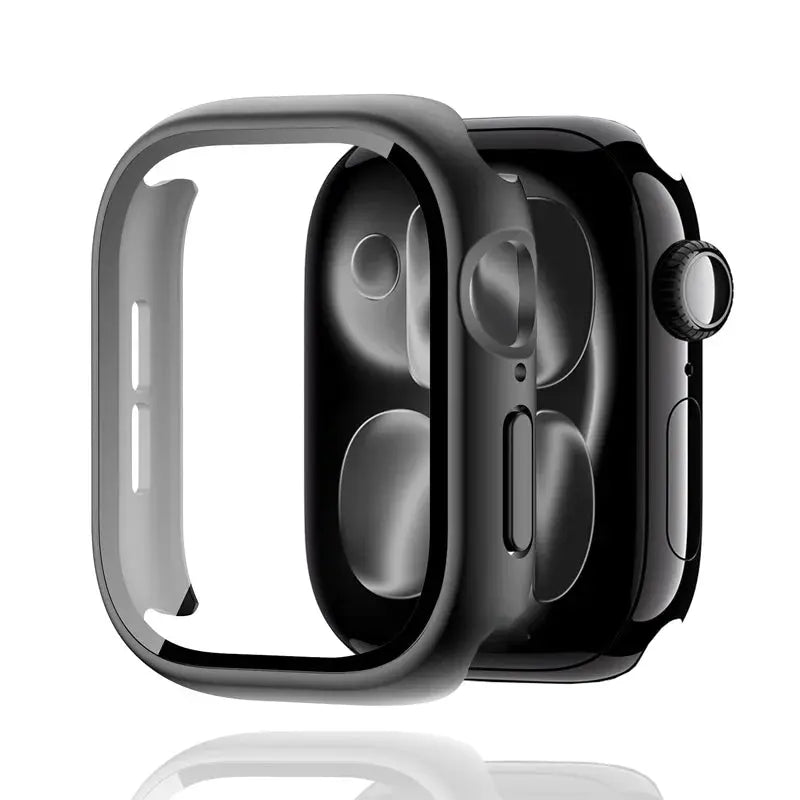 Simples Market tempered glass case for Apple Watch, gray bumper frame on black smartwatch