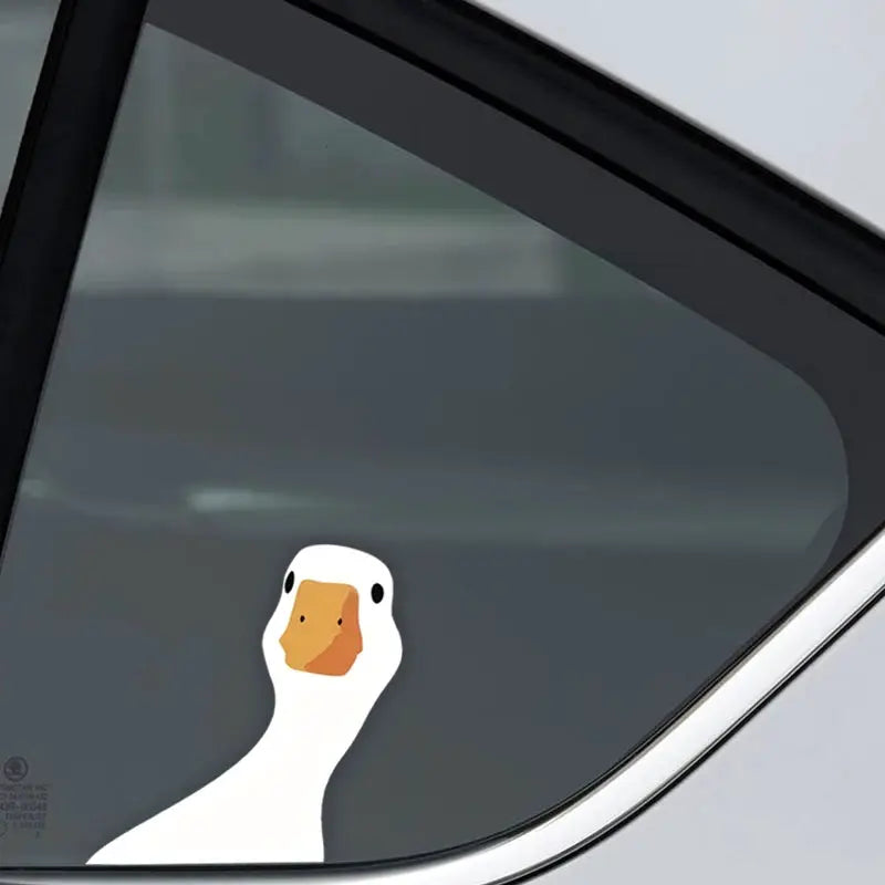 Weatherproof vinyl duck decal for car windows; white duck with orange beak.