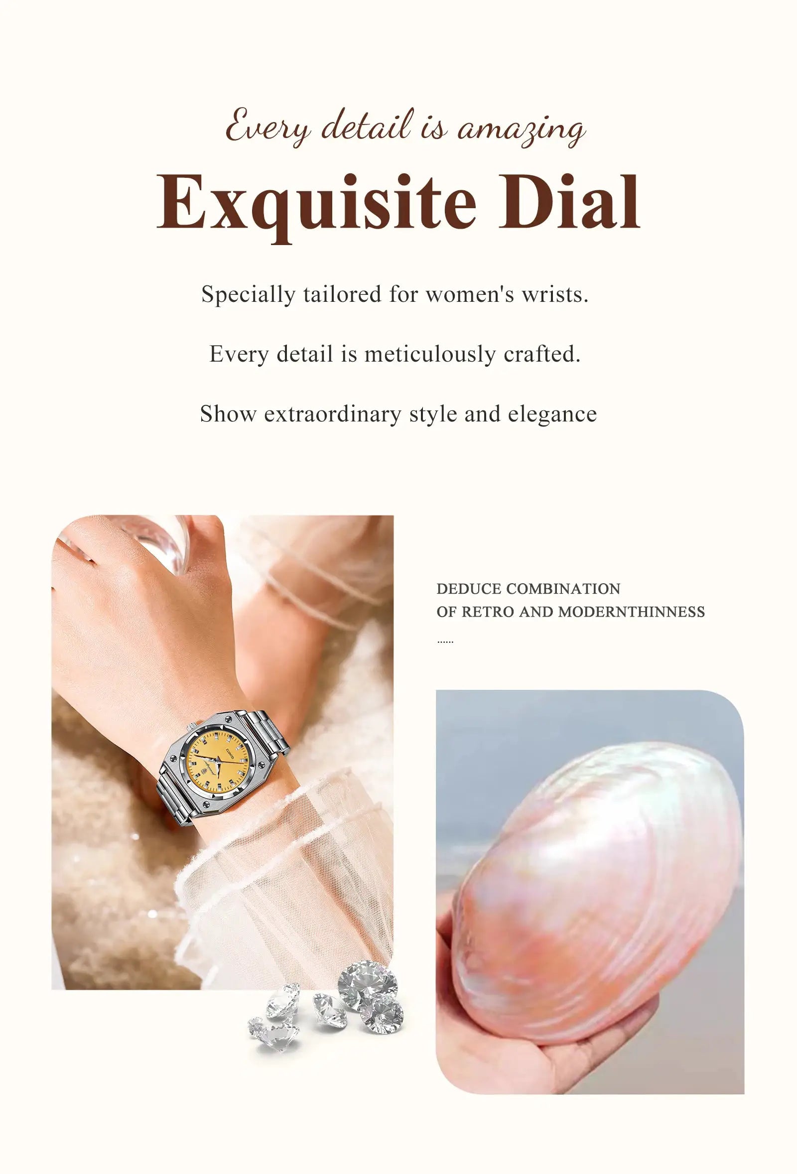 POEDAGAR elegant ladies wristwatch with stainless steel band, yellow luminous dial, waterproof quartz