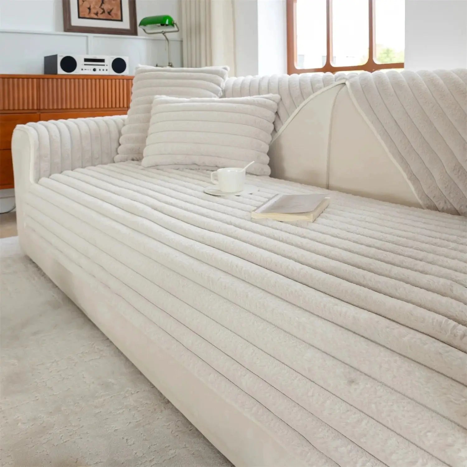 Thick plush stripe faux rabbit fur sofa cover, white non-slip winter slipcover with two cushions