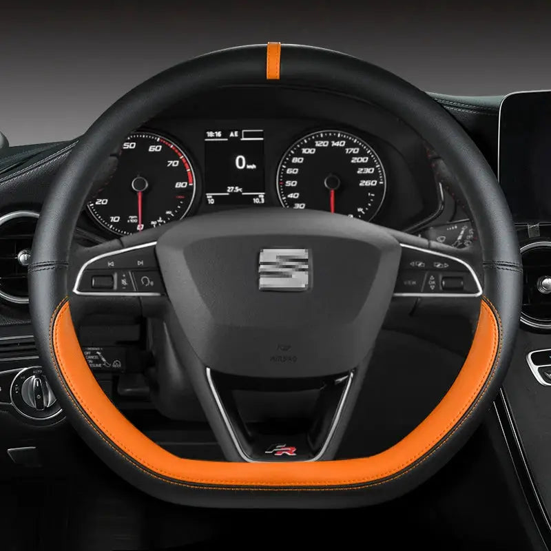 Microfiber leather steering wheel cover, non-slip 38cm in orange and black for Seat Tarraco Arona Ateca, Simples Market