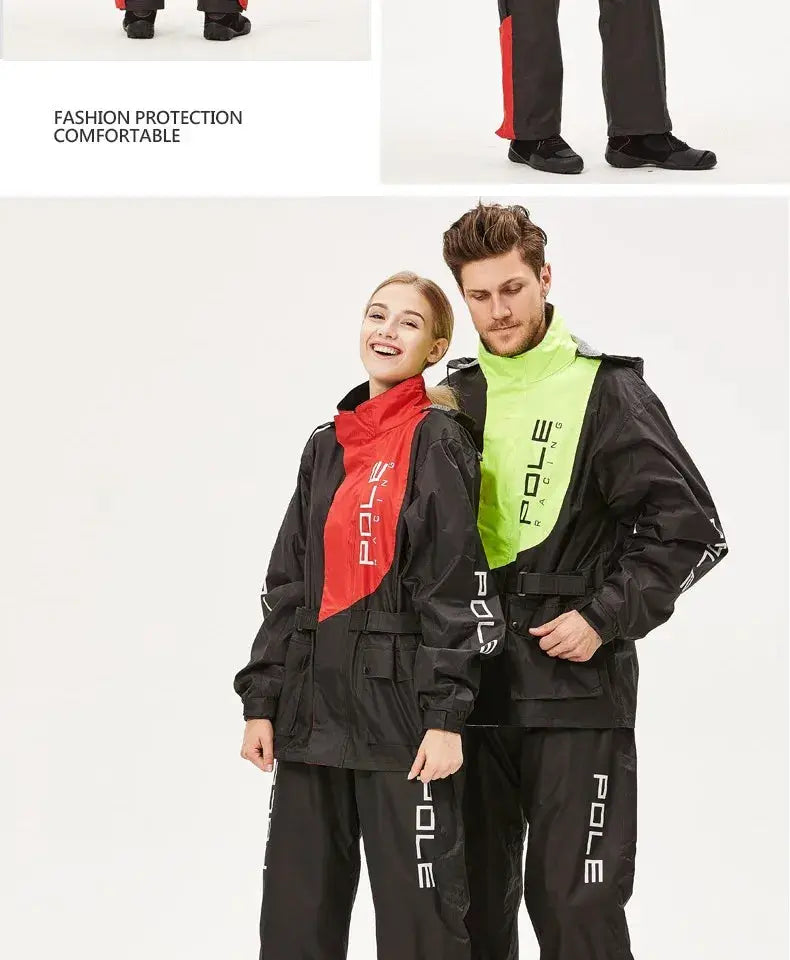 POLE motorcycle raincoat set with pants, breathable waterproof, reflective trim, black with red and lime panels.