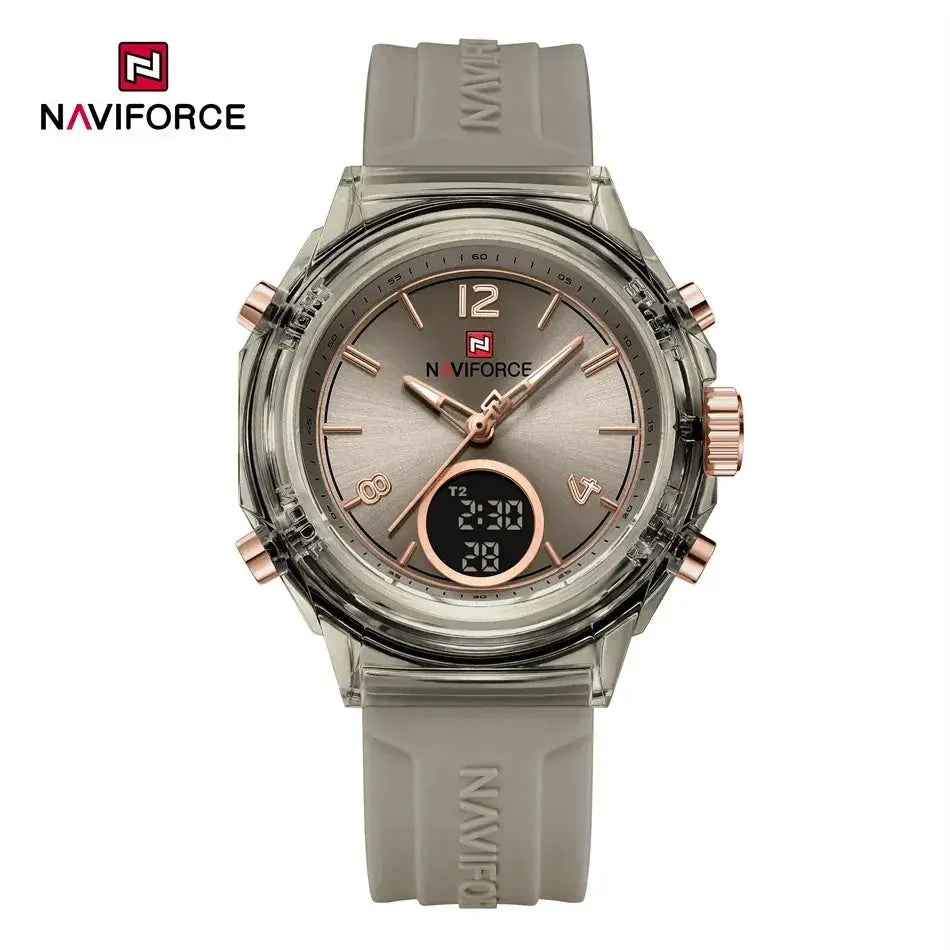 NAVIFORCE women's watch with transparent case, gray silicone strap, rose-gold accents and digital dual time display