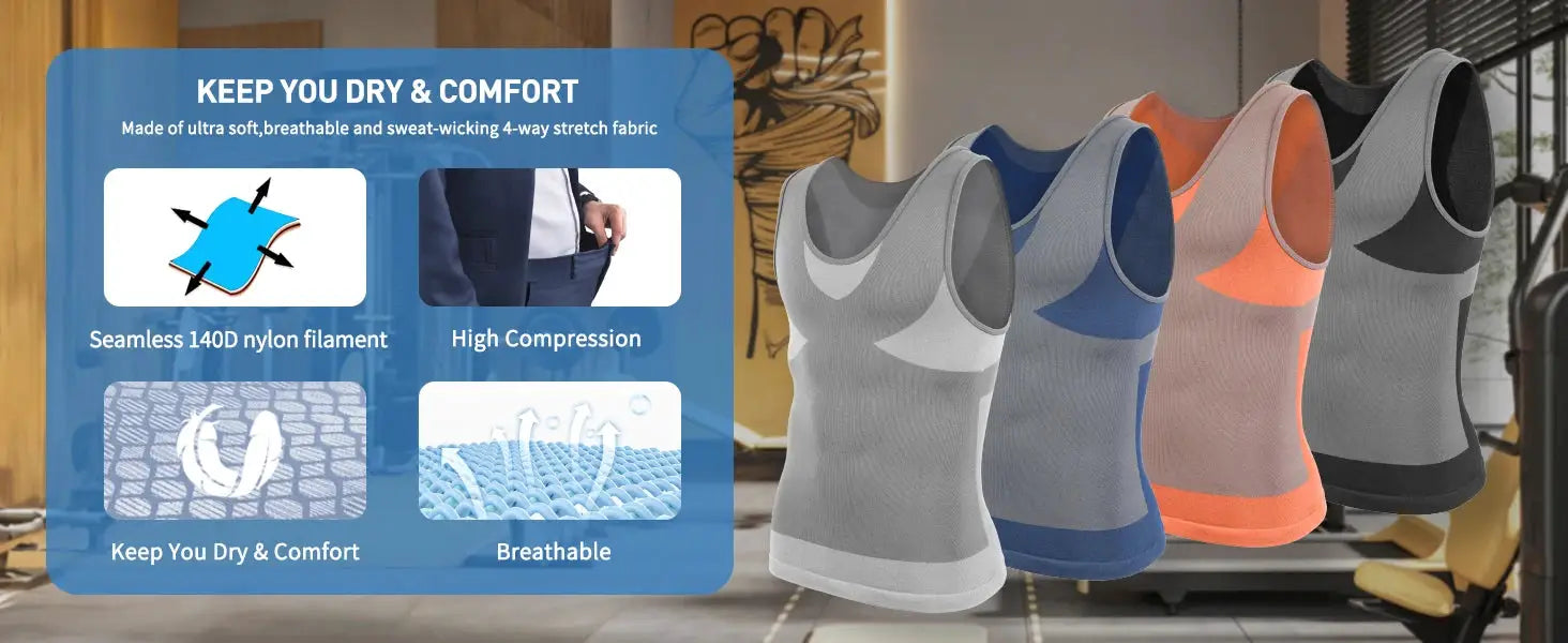 5-pack men's compression tank tops with horizontal stripes in gray, blue, orange and black