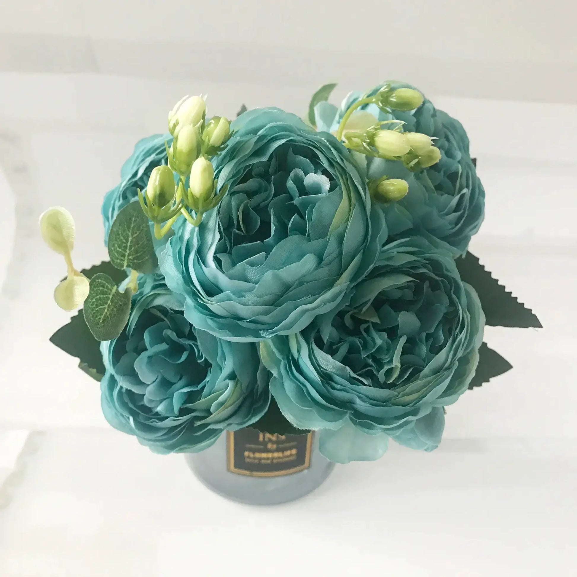 Silk peony bouquet by Simples Market, 30cm teal artificial flowers for home decor.