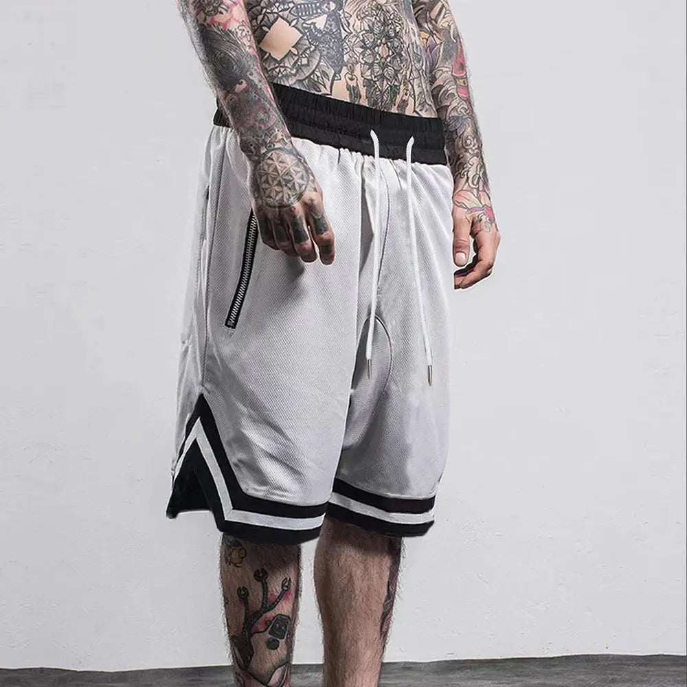 Men's mesh quick-dry basketball shorts in light gray with black waistband, zip pocket, and striped hem.