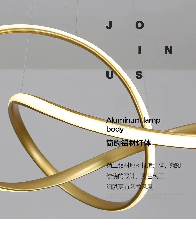 Dining room pendant lamp with gold-tone aluminum looping rings