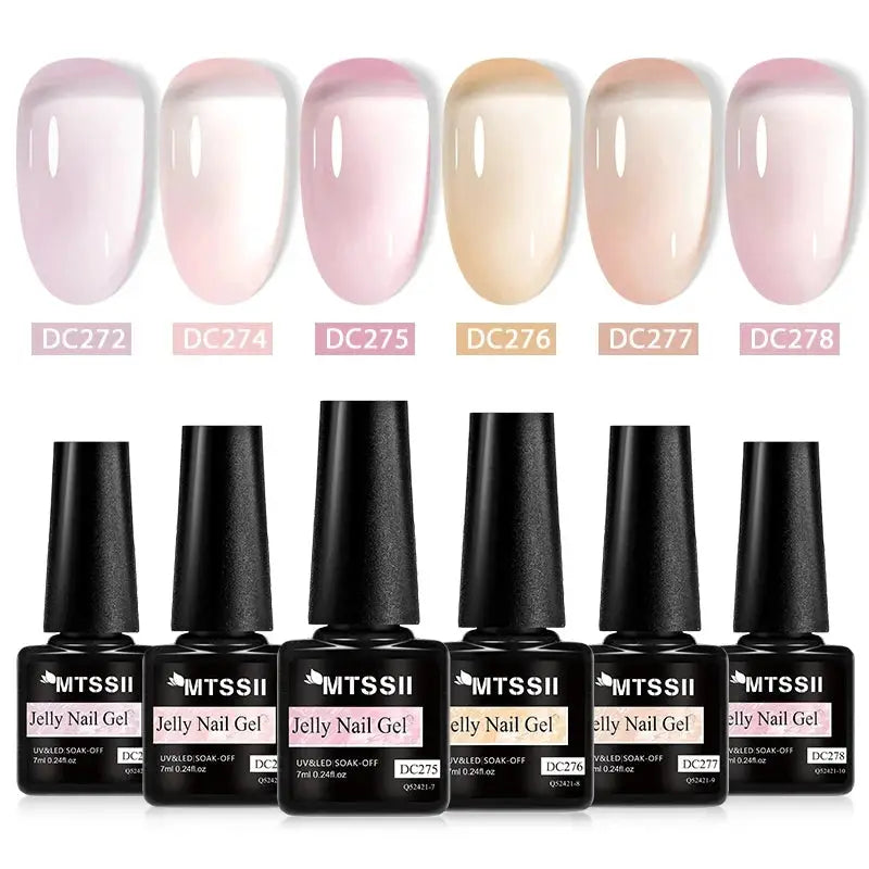 MTSSII Jelly Nail Gel 6-piece set in pink to nude jelly shades with black bottles by Simples Market