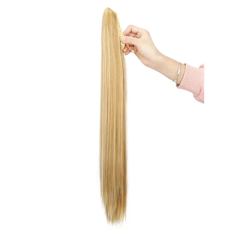 Simples Market 24-inch synthetic straight clip-on ponytail hair extension in blonde, heat resistant.