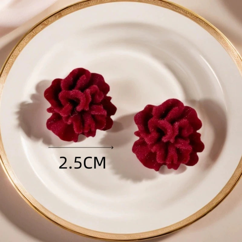 Red camellia flower stud earrings pair, velvet petals, 2.5 cm for women