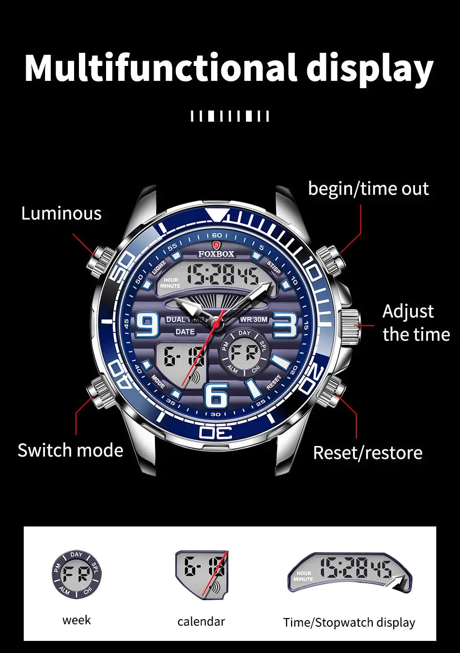 FOXBOX men's military sport watch with blue dial, steel case, digital-analog display, water resistant