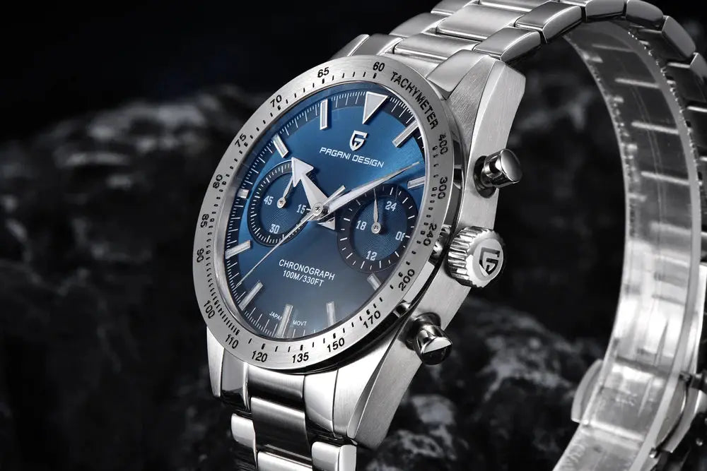 PAGANI DESIGN Retro Luxury Quartz men's watch with blue dial, stainless steel case/bracelet, chronograph