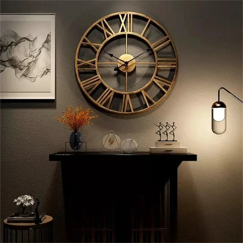 Modern 3D large round wall clock by Simples Market with Roman numerals, gold metal frame, silent movement.