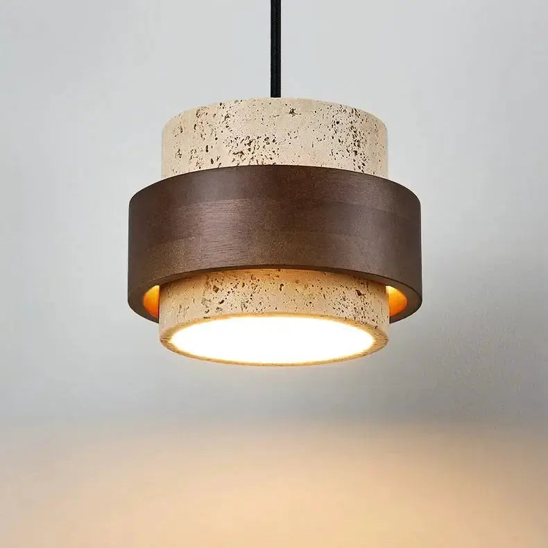 Japanese Wabi Sabi bar pendant lamp with speckled beige body and dark brown band, warm LED glow