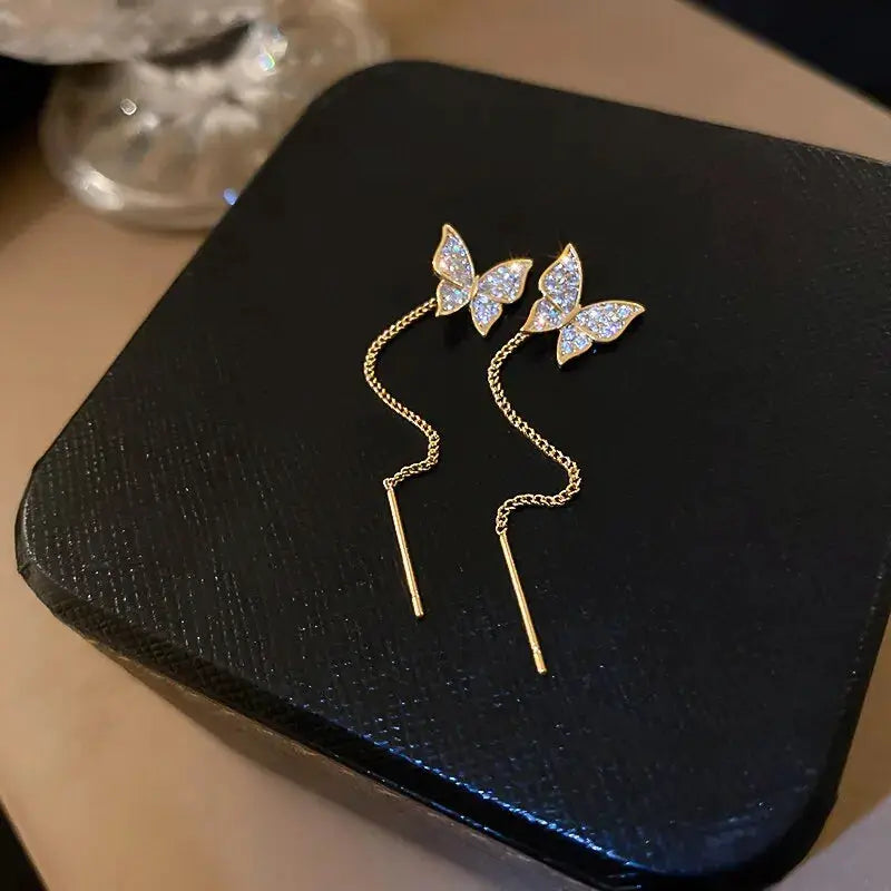 Butterfly Earrings For Women Sparkling Rhinestone Long Tassel Heart Drop Earrings For Wedding Party Jewelry Gifts