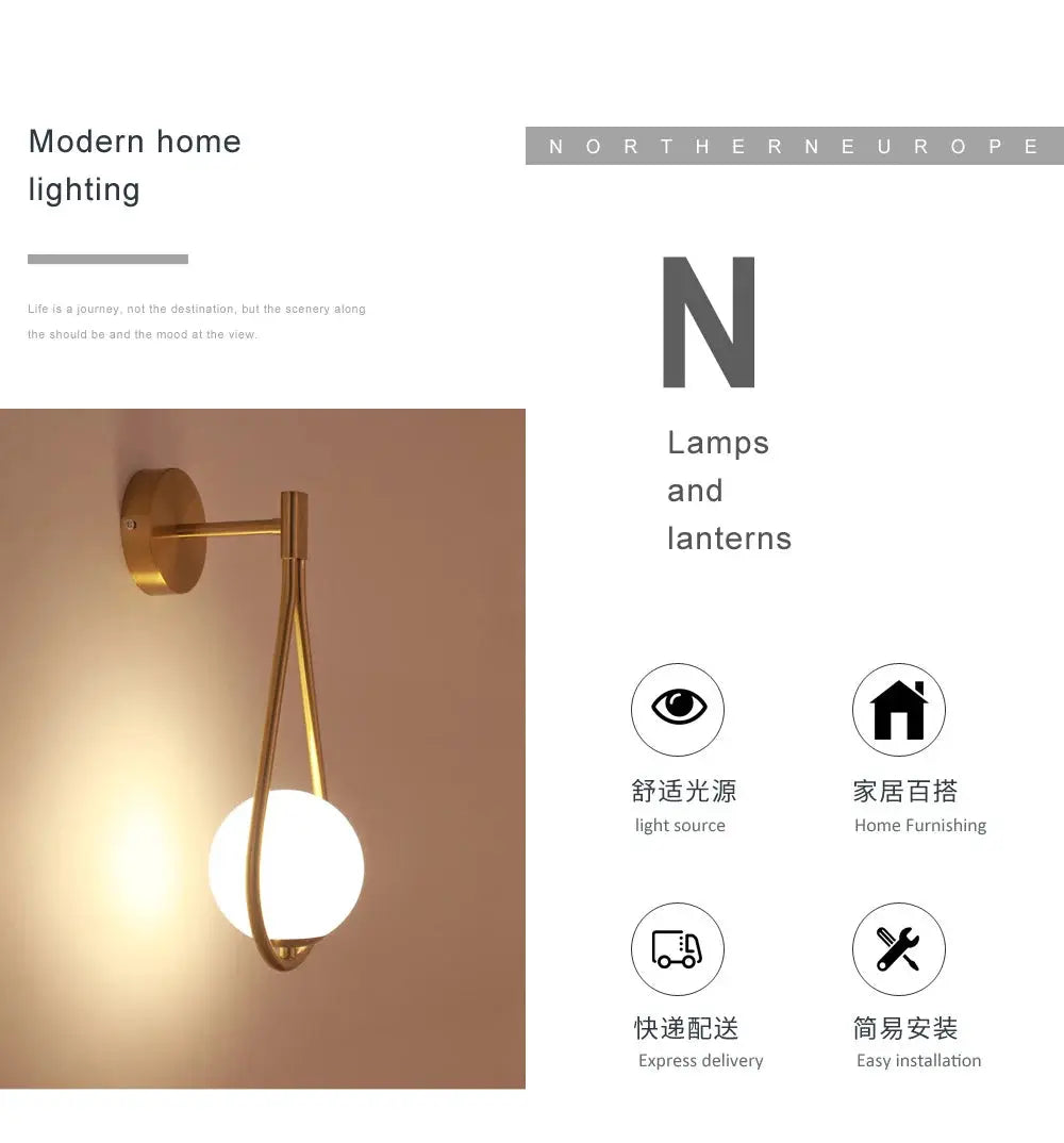 Nordic glass-ball LED wall lamp; brass finish, modern minimalist bedside wall light by Simples Market