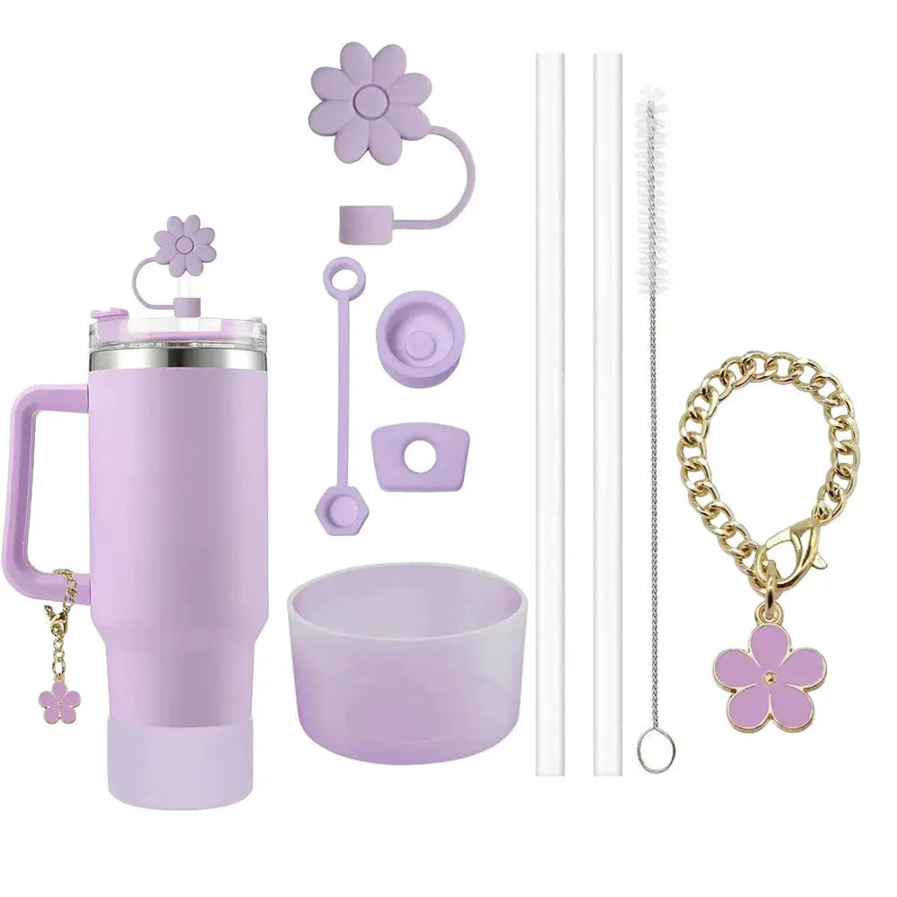 9 Piece Stanley Cup Accessories Set With Flower Spill Proof Stoppers 2 Straws And Brush And Flower Charm Chain