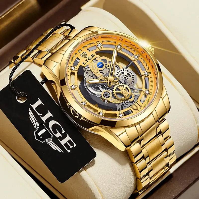 LIGE men's gold stainless steel skeleton dial watch with visible gears