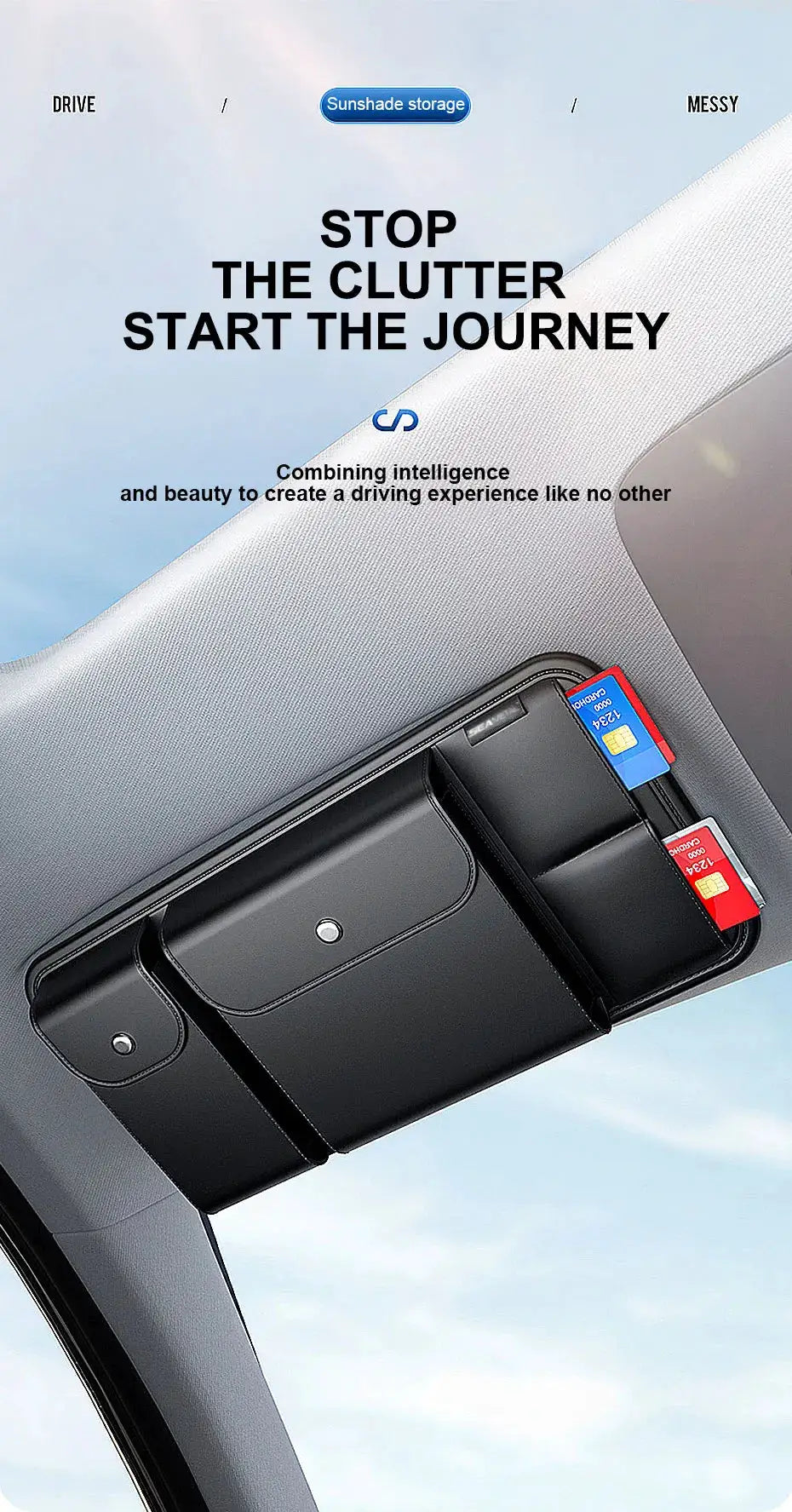 BLALION car sun visor organizer with black leather, multi-pocket sunglasses and card holder