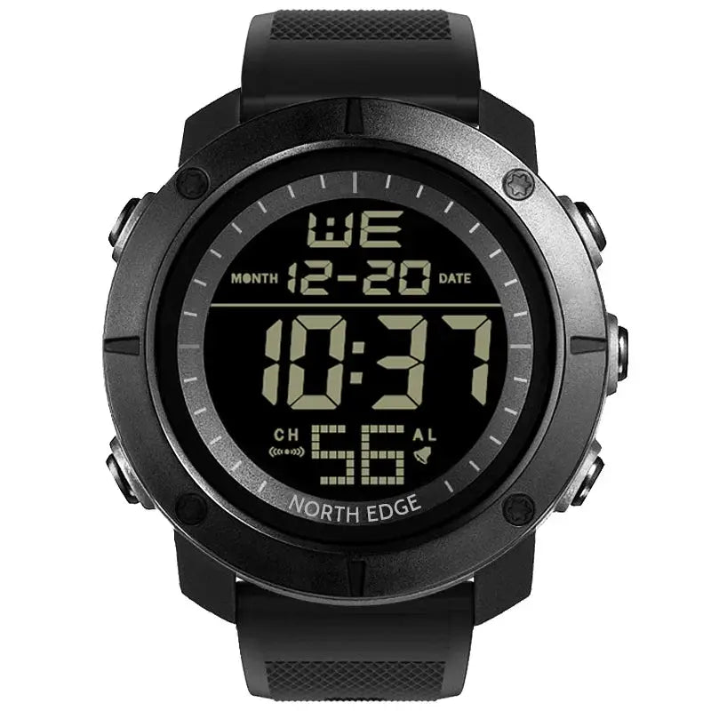 North Edge men's digital wristwatch, black rugged case with silicone strap